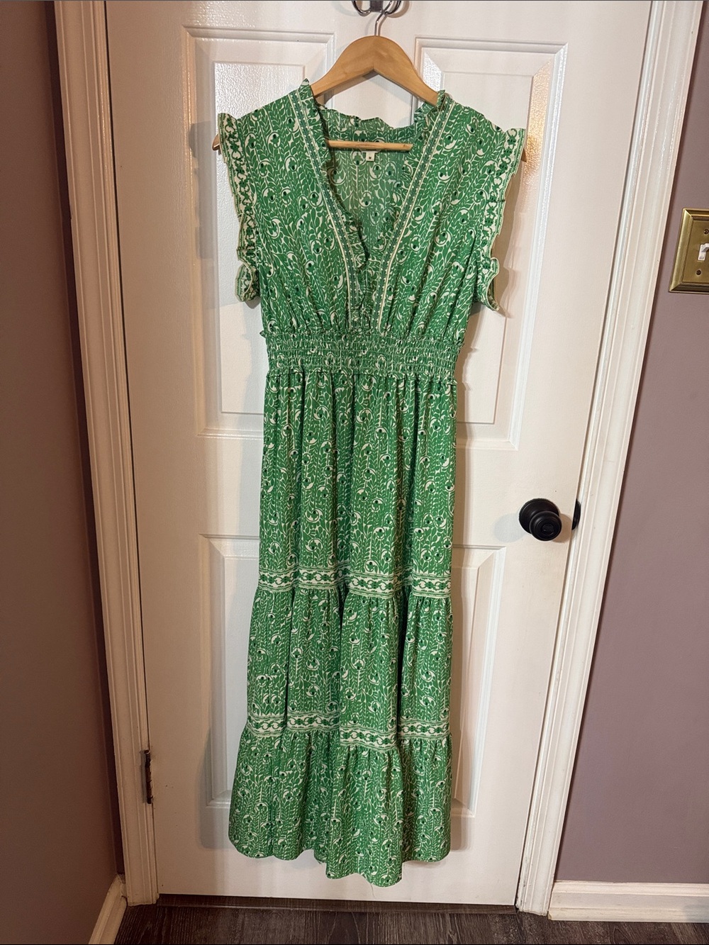 Max Studio Green Printed Smocked-Waist Maxi Dress